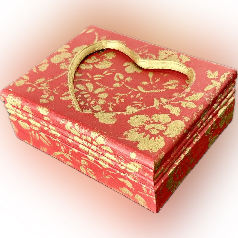 Painted Vintage Red and Gold Little Jewelry Box